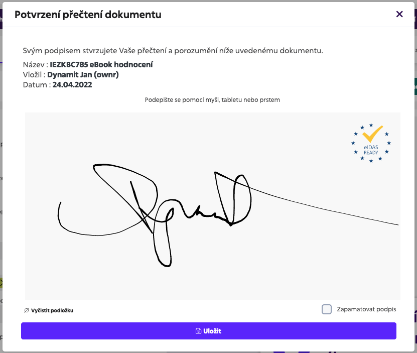 Showcase of electronic signature in the Sloneek app