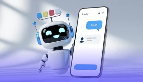 A 3D render of a friendly, cartoonish white chatbot robot with blue accents standing next to a large smartphone displaying a chat interface. The robot has a black visor with glowing blue eyes and a cheerful smile, while the smartphone screen shows various chat bubbles and a profile icon, representing the integration of AI into modern communication and HR functions.