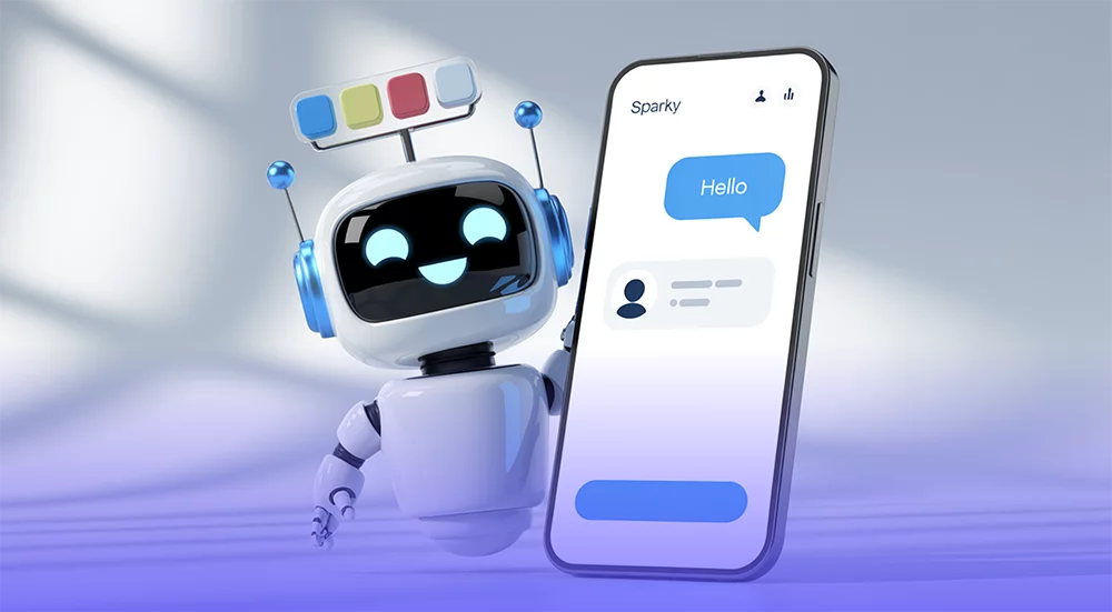 A 3D render of a friendly, cartoonish white chatbot robot with blue accents standing next to a large smartphone displaying a chat interface. The robot has a black visor with glowing blue eyes and a cheerful smile, while the smartphone screen shows various chat bubbles and a profile icon, representing the integration of AI into modern communication and HR functions.