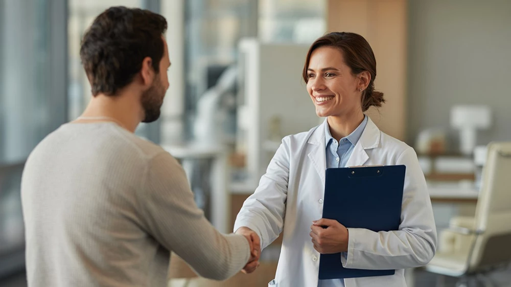 A photo of two colleagues greeting each other as an example of a positive employee experience.