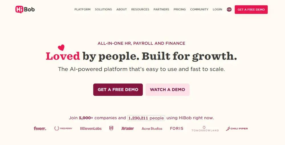 HiBob homepage screenshot