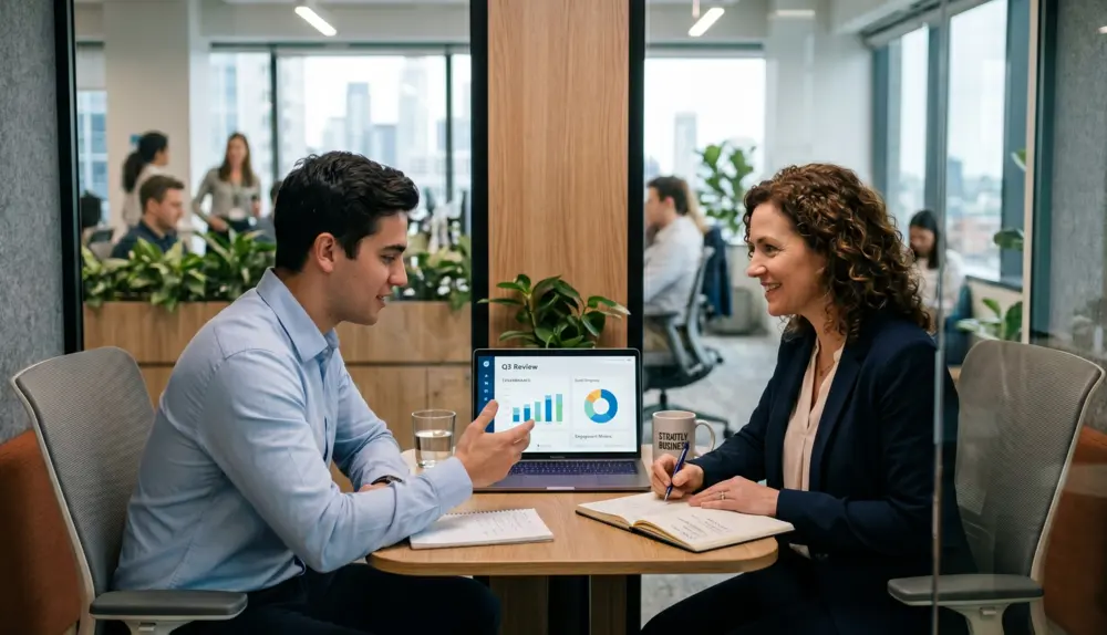 Manager and employee having a constructive 1:1 interview over a laptop in a modern meeting room.