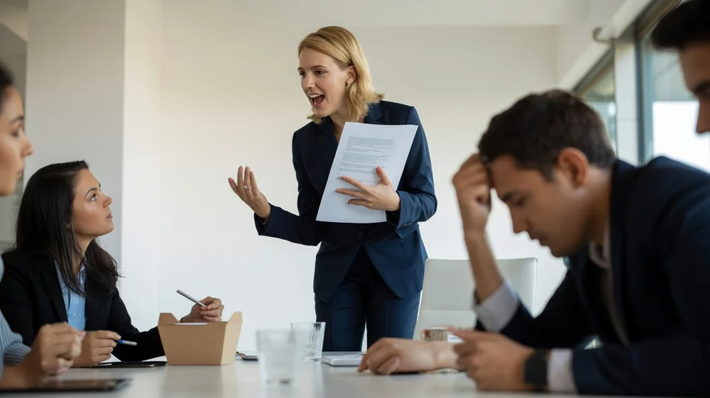Photograph of a superior yelling at his team as an illustration of bossing