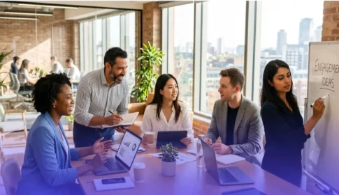 Group of motivated employees in a light office. Heading picture of the article about employee engagement strategy.
