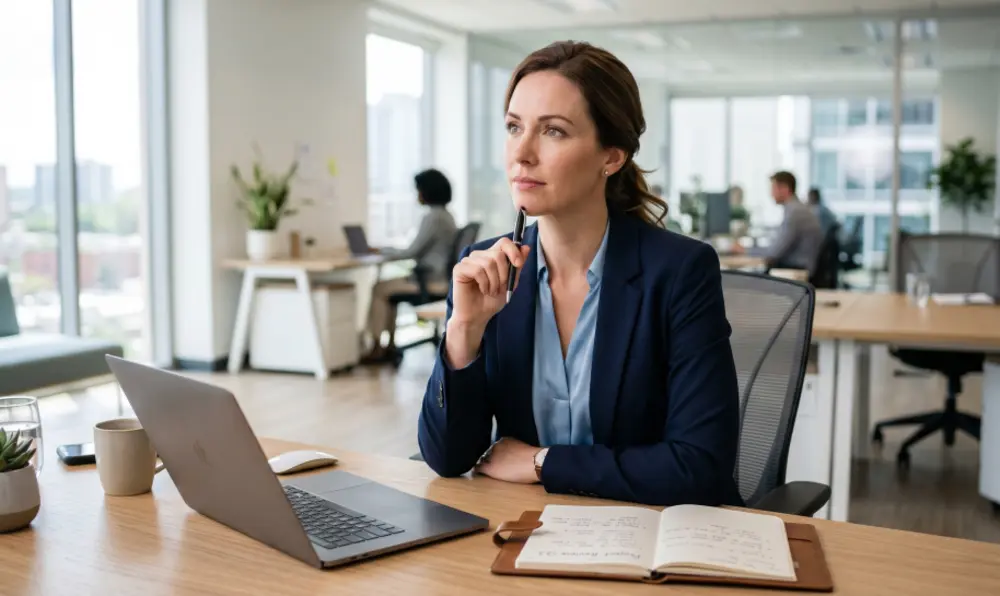 Illustration of a woman reflecting on employee self-appraisals